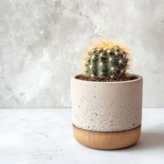 A close-up of a vibrant cactus in a modern pot against a textured background.