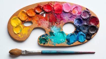 A colorful artist's palette with vibrant paint colors and a brush for creative expression.