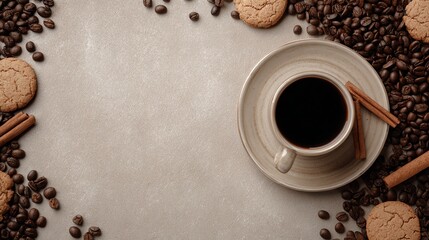 A cozy arrangement of coffee and cookies surrounded by coffee beans.