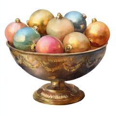 A decorative bowl filled with colorful vintage ornaments for festive celebrations.