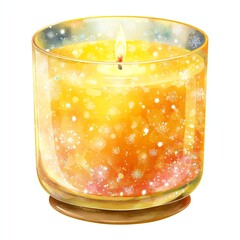 A glowing candle in a glass holder, creating a warm and inviting atmosphere.