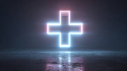 A glowing neon cross symbol in a dark environment, representing health and wellness.