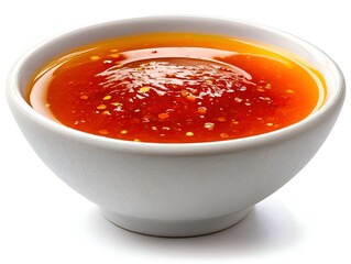 A vibrant bowl of homemade chili garlic sauce with spicy red pepper flakes glistening in the light sits on a white surface waiting to be served.