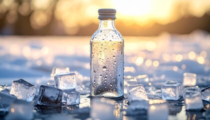 Chilled bottle amidst ice bathed in golden sunlight