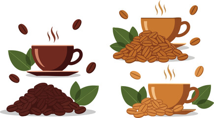 Aromatic Bliss Coffee Beans and Steaming Cups in Vector Art