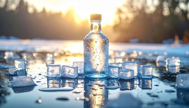 Refreshing bottle amidst melting ice at sunrise