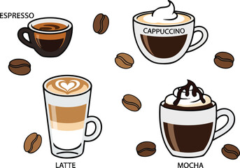 Coffee Variety Espresso, Cappuccino, Latte, and Mocha Illustration