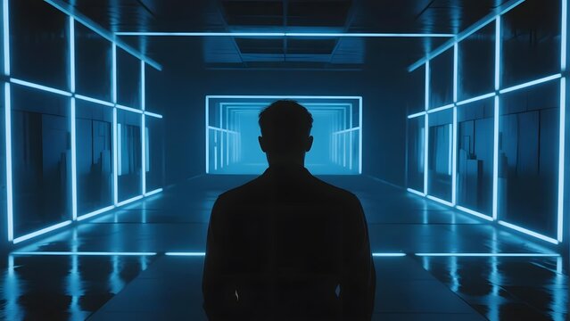 Silhouette of a person standing in a futuristic corridor illuminated by blue neon lights - Powered by Adobe