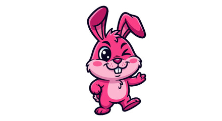 A cute pink cartoon rabbit character winking and waving cheerfully on a white background.