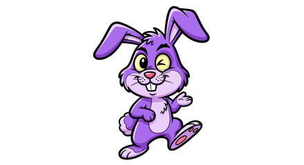 A cheerful purple cartoon rabbit winking and waving happily on a white background.