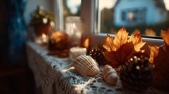 Warm autumn window display featu seas, pine cones, candles, and maple leaves arranged on a lace doily du the daytime season.
