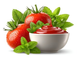 Fresh red tomatoes with water droplets are displayed with mint leaves and a bowl of ketchup on a seamless white background.