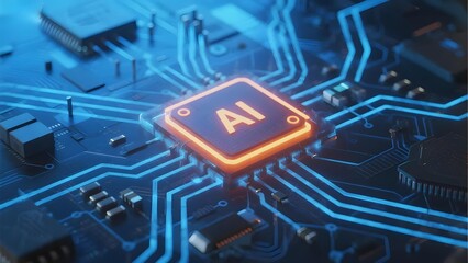 Close-up of an AI processor chip integrated into a circuit board with glowing blue pathways.