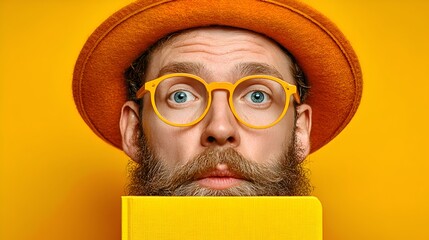 A stylish bearded man with round glasses and an orange hat gazes forward while holding a yellow book against a matching background.