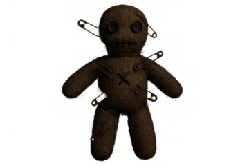 Voodoo doll with pins inflicting a curse, embodying dark magic, witchcraft, and superstition concepts, on transparent background