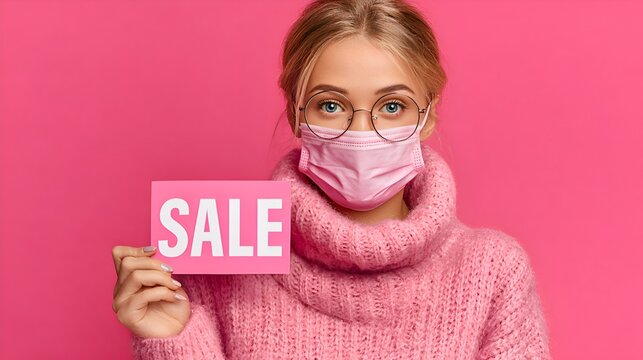 A young woman wea a face mask and glasses holds a sign that says sale against a vibrant pink background in a promotional marketing image. - Powered by Adobe