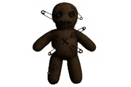Voodoo doll with pins inflicting a curse, embodying dark magic, witchcraft, and superstition concepts, on transparent background