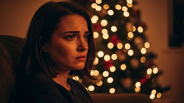 Melancholy young adult woman with dark hair looking down, sitting alone in a warm, dimly lit room with a festive Christmas tree in the background, experiencing holiday sadness.