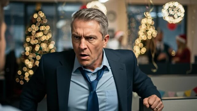 Frustrated middle-aged businessman with grey hair looking angry at an office Christmas party with festive decorations