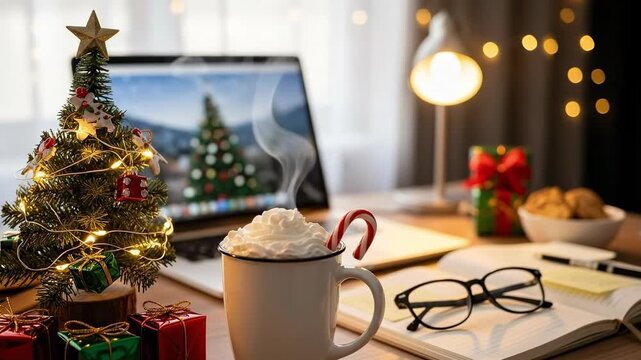 Cozy Christmas home office desk with laptop, steaming hot chocolate, festive mini tree, and holiday gifts, creating a warm seasonal workspace.