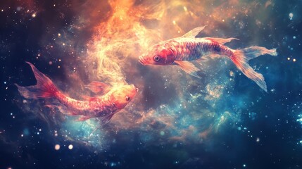 Celestial Koi Duo: A Cosmic Dance of Two Fish Amidst a Starry Nebula