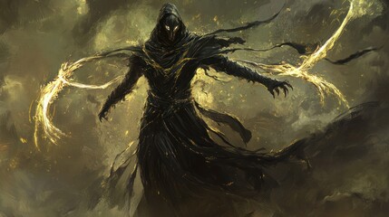 Dark hooded figure with golden energy emanating from outstretched arms