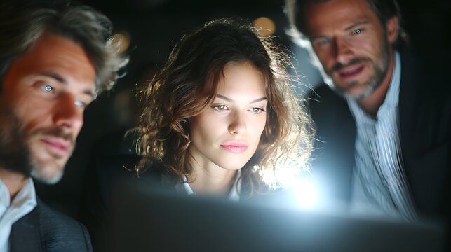 Three focused business colleagues intently review a project on a laptop screen illuminated in a dimly lit office environment late at night. - Powered by Adobe