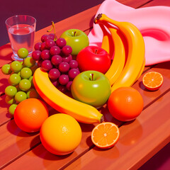Colorful 3D Illustration of Fresh Fruits on a Wooden Table