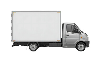 Side view of a small silver lightduty box truck or delivery van with a blank white cargo area, isolated on transparent background for easy use in commercial design projects