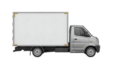 Side view of a small silver lightduty box truck or delivery van with a blank white cargo area, isolated on transparent background for easy use in commercial design projects