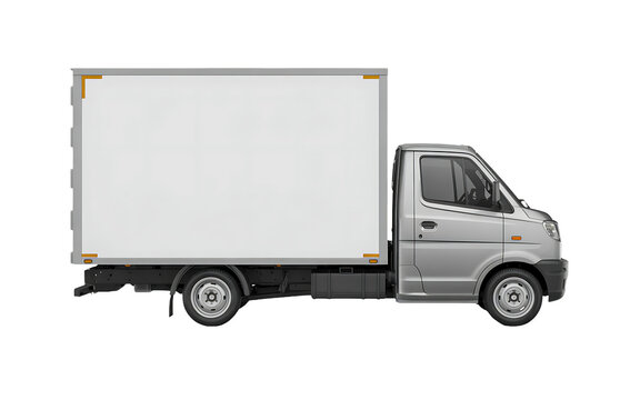 Side view of a small silver lightduty box truck or delivery van with a blank white cargo area, isolated on transparent background for easy use in commercial design projects