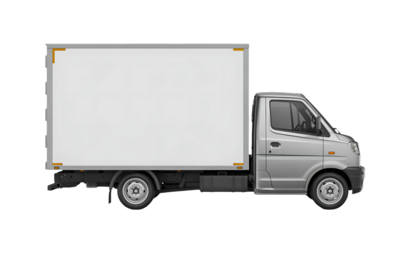 Side view of a small silver lightduty box truck or delivery van with a blank white cargo area, isolated on transparent background for easy use in commercial design projects