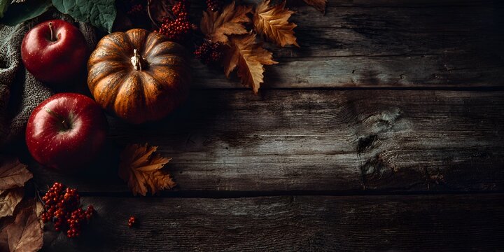 A festive autumn arrangement displays red s, a small pumpkin, and vibrant fall foliage on a rustic, dark, wooden surface beautifully.