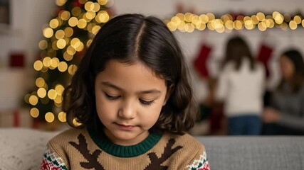 Sad young girl feeling lonely and excluded during Christmas family gathering, sitting apart from blurred happy children and adult in festive living room