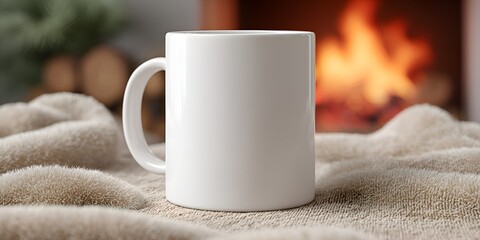 A white ceramic mug sits on a soft beige blanket with a warm, out of focus fireplace glowing with flames in the background atmosphere.