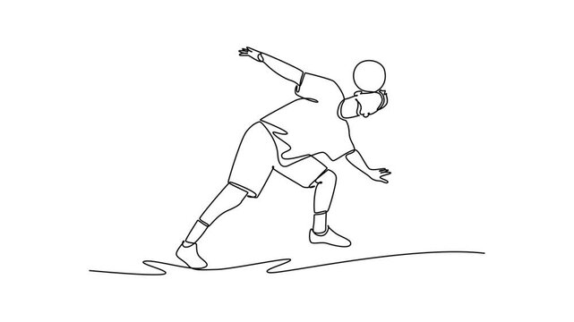 Self drawing animation of single line draw young man soccer freestyle athlete balancing ball on back of his neck while leaning forward. Precise control and focus. Continuous line. Full length animated