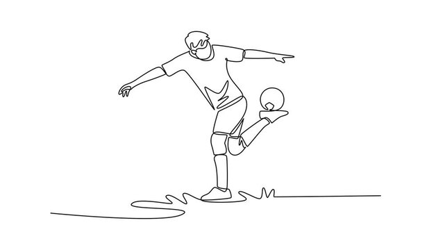 Animated self drawing of continuous line draw young man soccer freestyle athlete balancing ball on his heel with arms wide. Fluid skill and dynamic control of sport. Full length single line animation