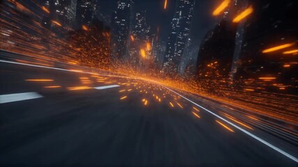Futuristic City Drive Simulation: Fast Motion Road with Orange Energy. - Powered by Adobe
