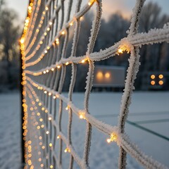 Frosted Soccer Net Adorned with Warm String Lights in Winter