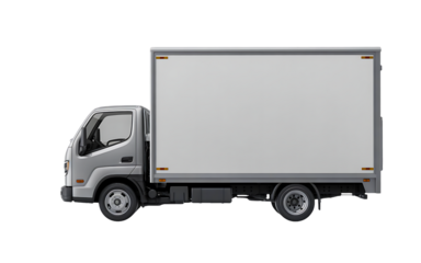 Side view of a modern lightduty box truck with a blank white cargo area, isolated on transparent background, perfect for logistics and delivery concepts