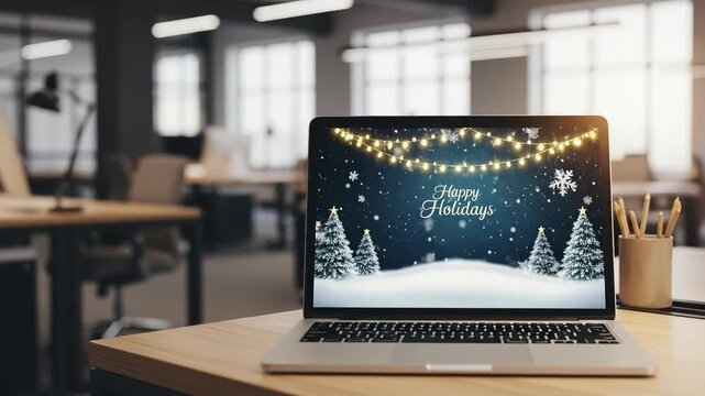 Modern office desk with a laptop displaying a festive 'Happy Holidays' winter scene, featuring snow, trees, and string lights, set in a contemporary workspace.