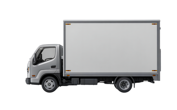 Side view of a modern lightduty box truck with a blank white cargo area, isolated on transparent background, perfect for logistics and delivery concepts