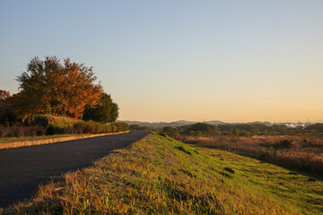 土手の上の道と夕焼け
