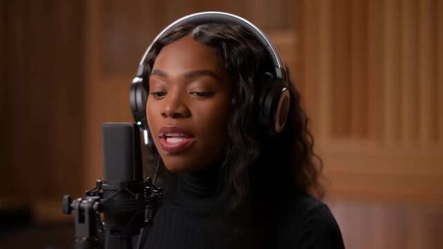  a smiling young adult black woman with eyes closed, singing passionately into a professional studio microphone while wearing headphones in a warm, wood-paneled recording studio