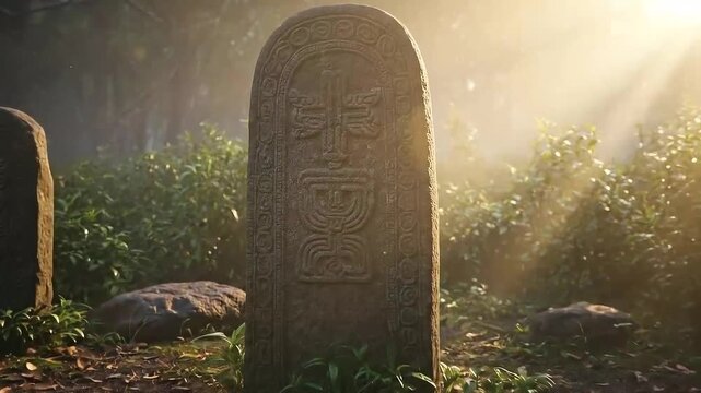 Ancient Tombstones in Misty Forest A Journey Through Time.
