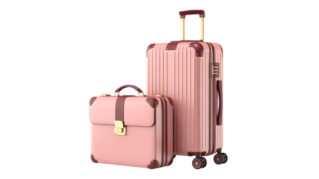 A stylish set of two pink vintagestyle luggage pieces, one small briefcase and one large rolling suitcase, isolated on transparent background