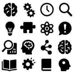 Concept and Idea: A set of thematic icons, symbolizing brainstorming, research, time management, solution finding, and concept development. 