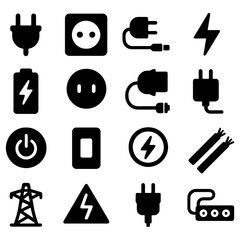 Electric Icons Array: A collection of various electric-related icons, each representing different aspects of electricity, from power outlets and plugs to lightning bolts and energy symbols.