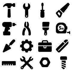 Obraz premium Essential Tool Silhouettes: A graphic collection of essential tools, neatly arranged in a concise and easily recognizable layout, perfect for illustrating projects, repairs, and DIY concepts.