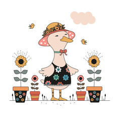 A cute illustration of a duck standing in a flower garden, wearing a floral dress and a charming hat. Perfect for kids prints, cards, and cheerful designs